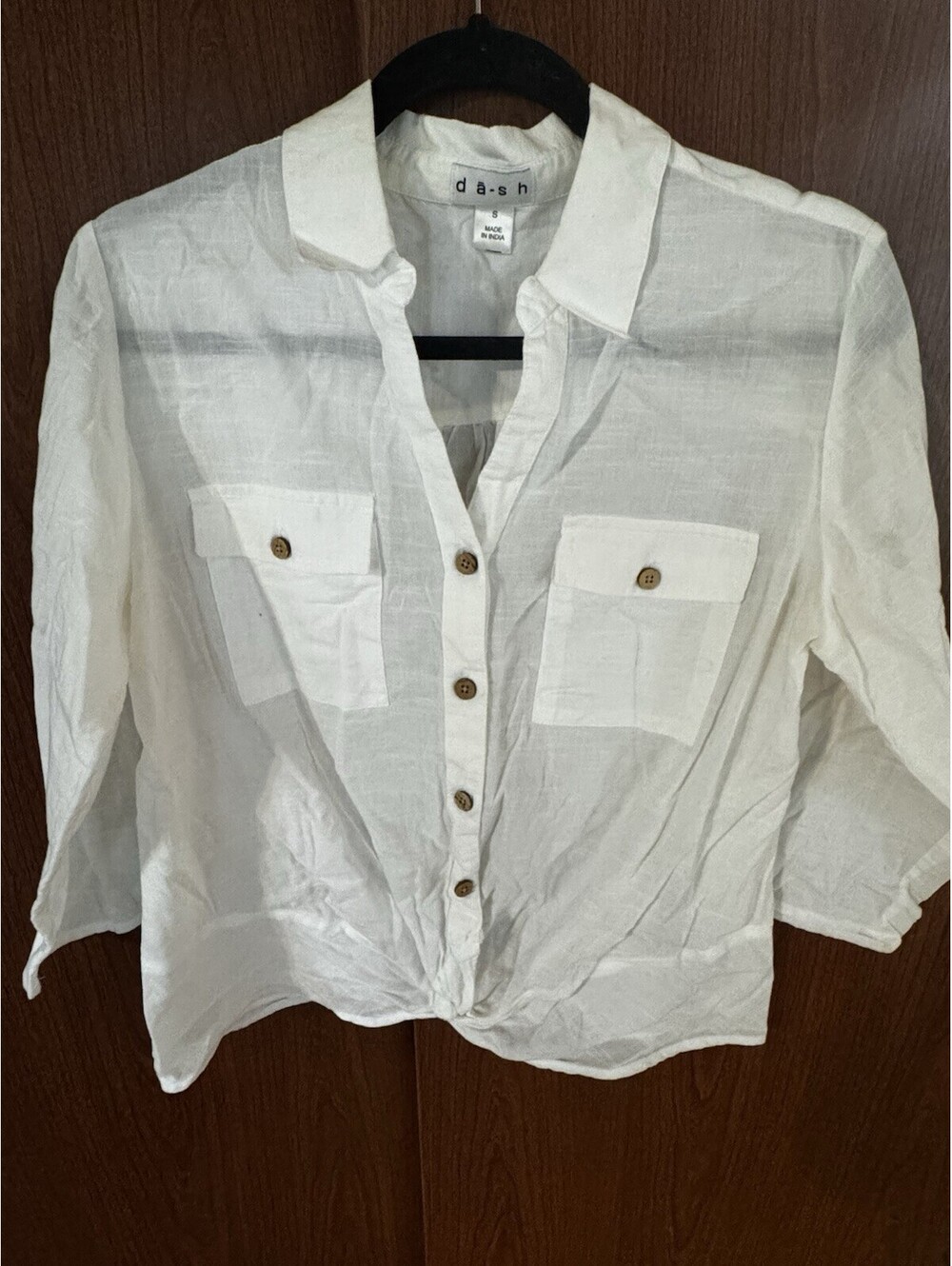 d-a-s-h Women’s Small White Cotton Button Shirt Roll Tab Tie Front Boho